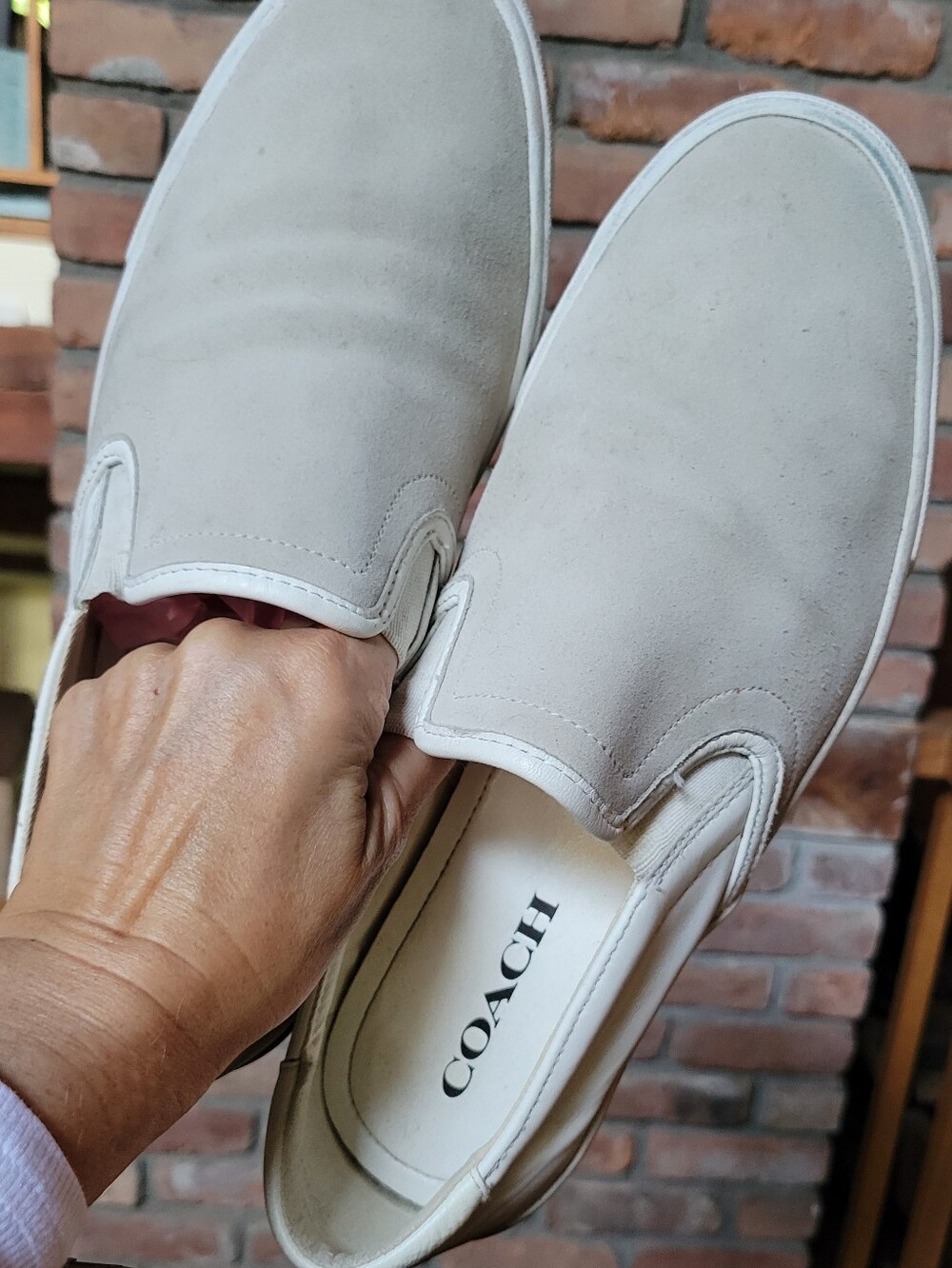 COACH Parker Light Gray Suede Slip-On Sneakers White Leather Trim Size 12
